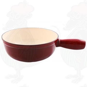 Plain red cast iron/enamelled cheese fondue pan.